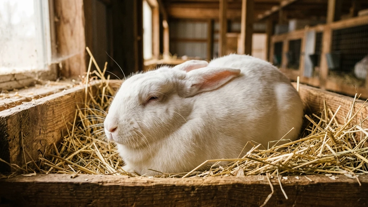 Domestic New Zealand White rabbit doe in clean straw nesting box preparing for kindling