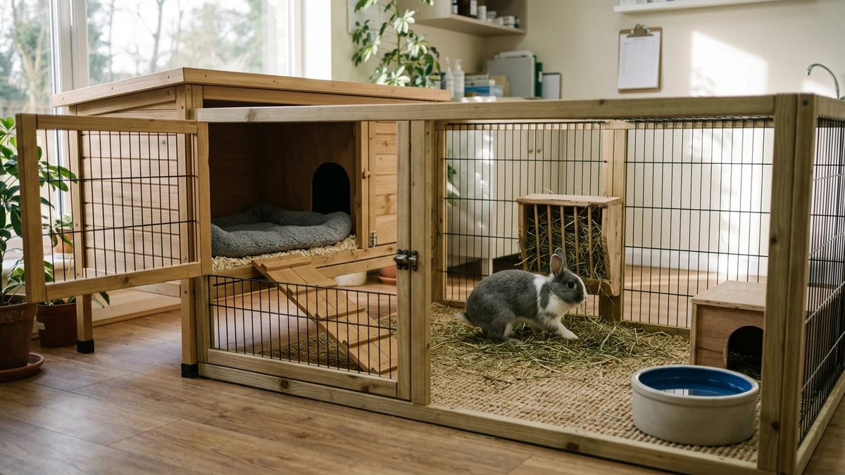 Modern hygienic rabbit enclosure with solid resting mats, hay rack, and exercise space