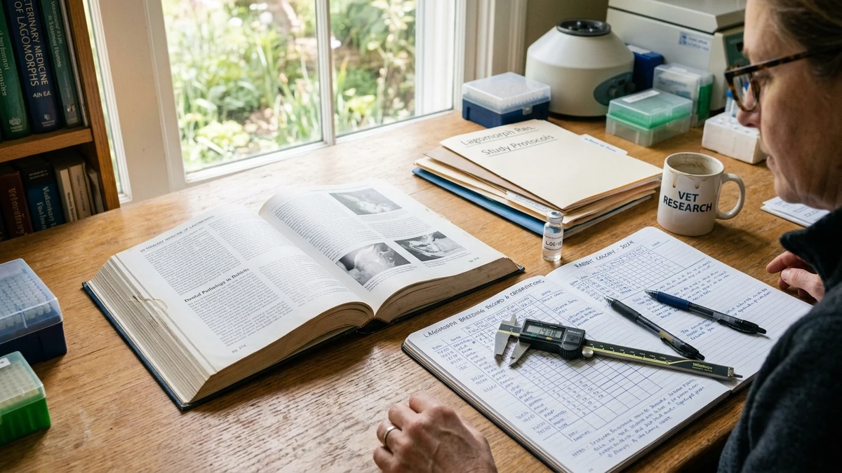 Veterinary lagomorph research desk with clinical caliper, reference charts, and ARBA standard manual